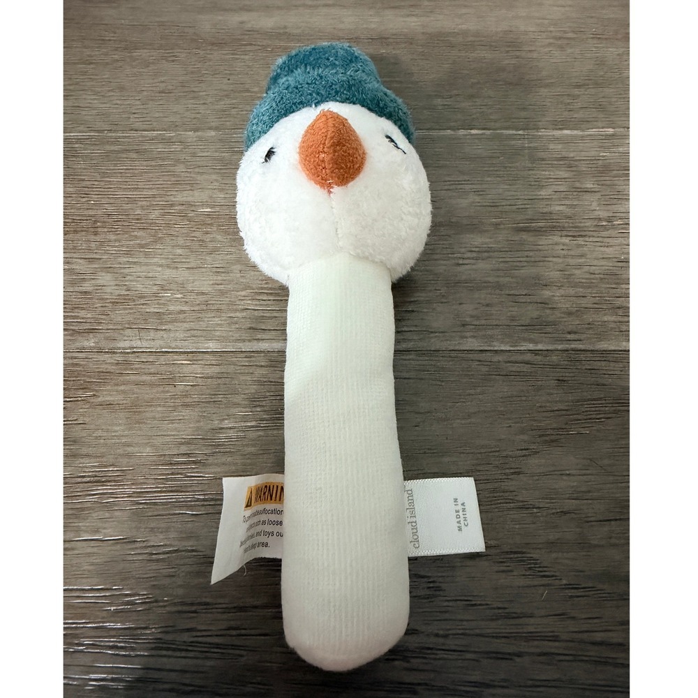 Cloud Island Snowman Stick Rattle Plush Teal Hat Orange Nose Baby Toy
